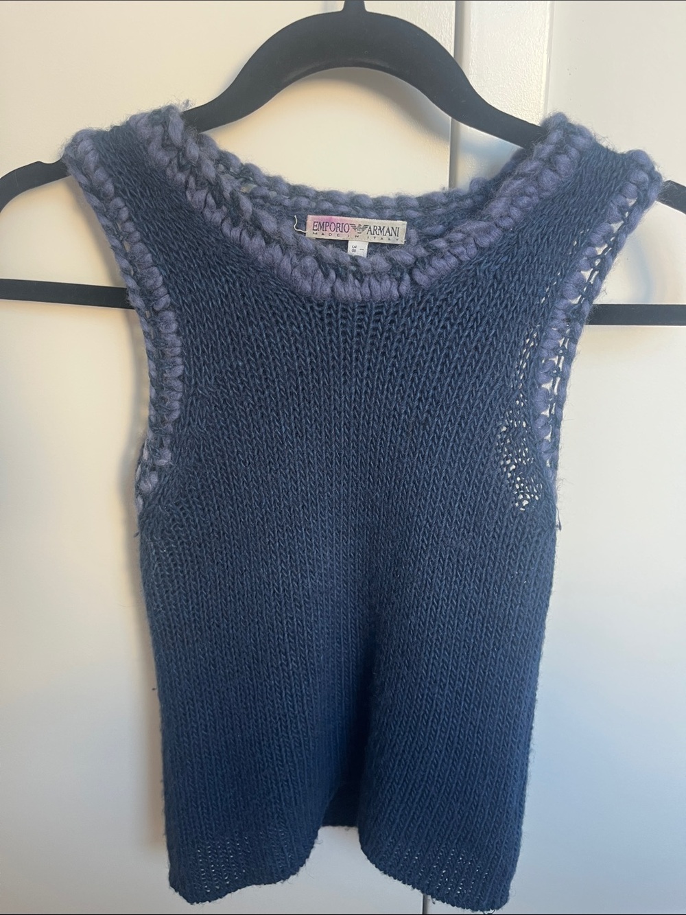 Emporio Armani Navy Knit Sleeveless Scoop Neck Sweater Vest with Lavender Trim